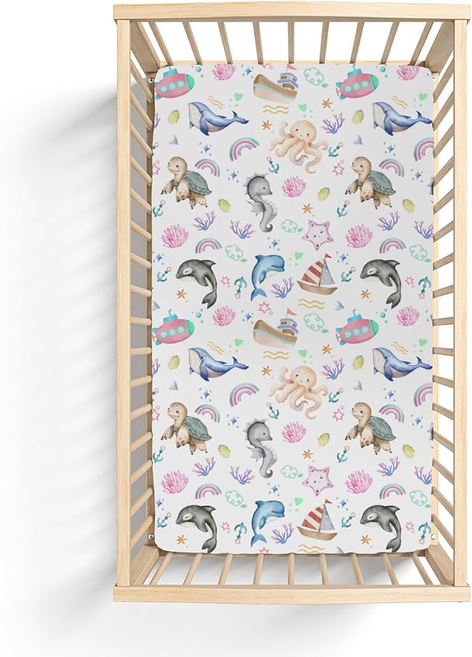 Colorful Ocean Animals Baby Crib Sheets for Boy Girl 52x28Inch Sea Horse Turtle Whale Rainbow Corals Soft Snug Fitted Crib Mattress Cover Marine Life Baby Sheet for Standard Crib & Toddler Mattress
