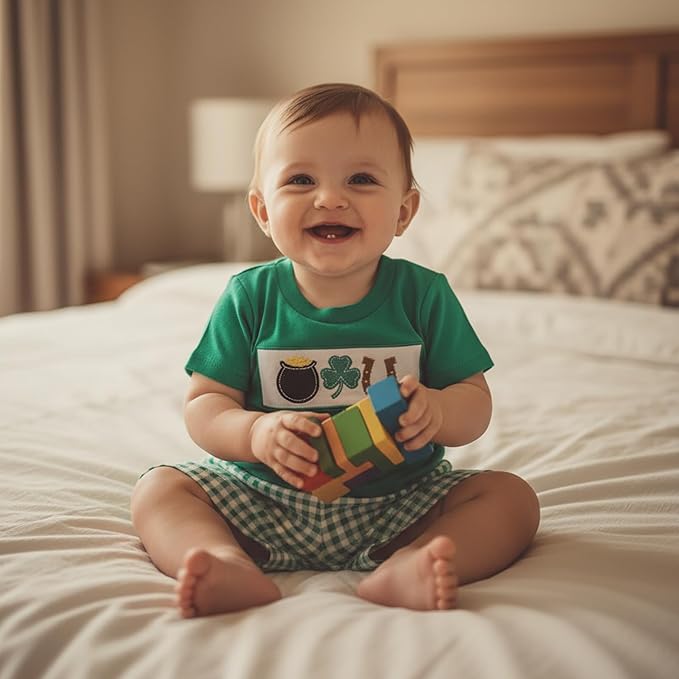 Baby Boy St Patricks Day Outfit Clover Embroidery Short Sleeve T-shirt Tops Shorts Set Toddler Spring Summer Clothes