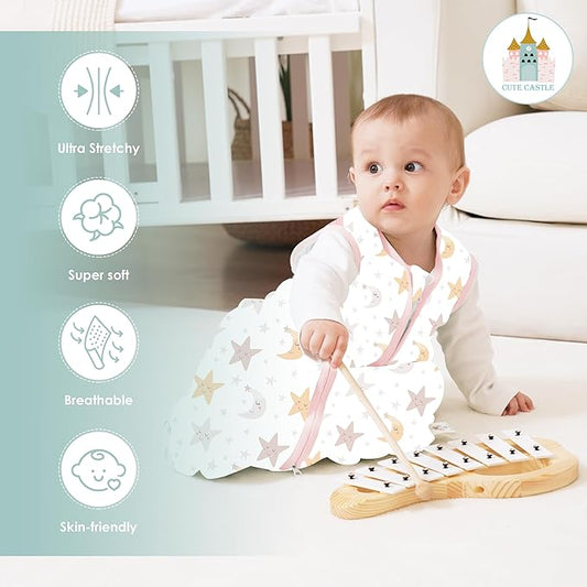 Cute Castle Baby Sleep Sack 0-6 Months - Lightweight 100% Cotton 2-Way Zipper TOG 0.5 Infant Wearable Blanket, Newborn Essentials Toddler Sleep Clothes, 3 Pack(Pink, Moon, Stars)