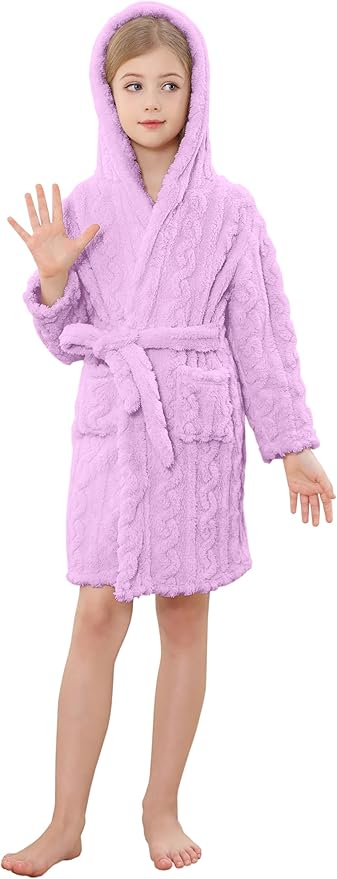 Umeyda Girls & Womens Twist Fleece Robes, Hooded Soft Warm Bath Robe for Kids Womens Fuzzy Bathrobe for Gifts