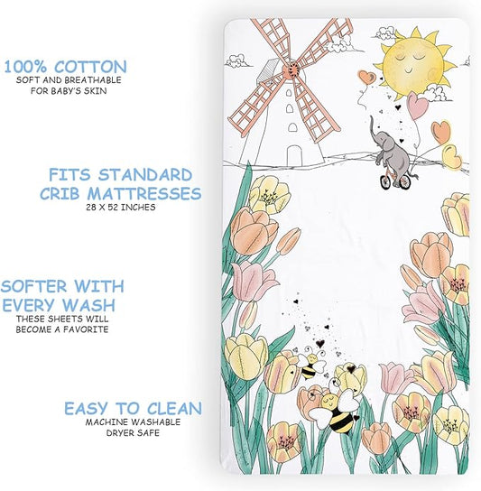JumpOff Jo - Fitted Crib Sheet, Super Soft Breathable 100% Cotton Baby Crib Sheet for Standard Crib Mattresses and Toddler Beds, 28 in. x 52 in. - Tulip Fields