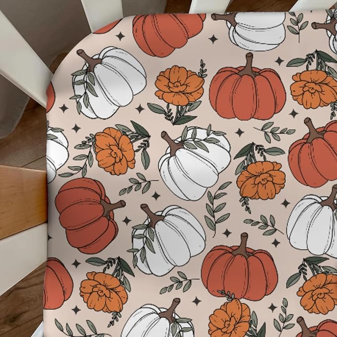 Boho Fall Pumpkin Floral Baby Crib Sheets Retro Autumn Pumpkin Flowers Thanksgiving Baby Sheets Fitted Crib Mattress Cover for Standard Crib Toddler Mattresses 28x52in