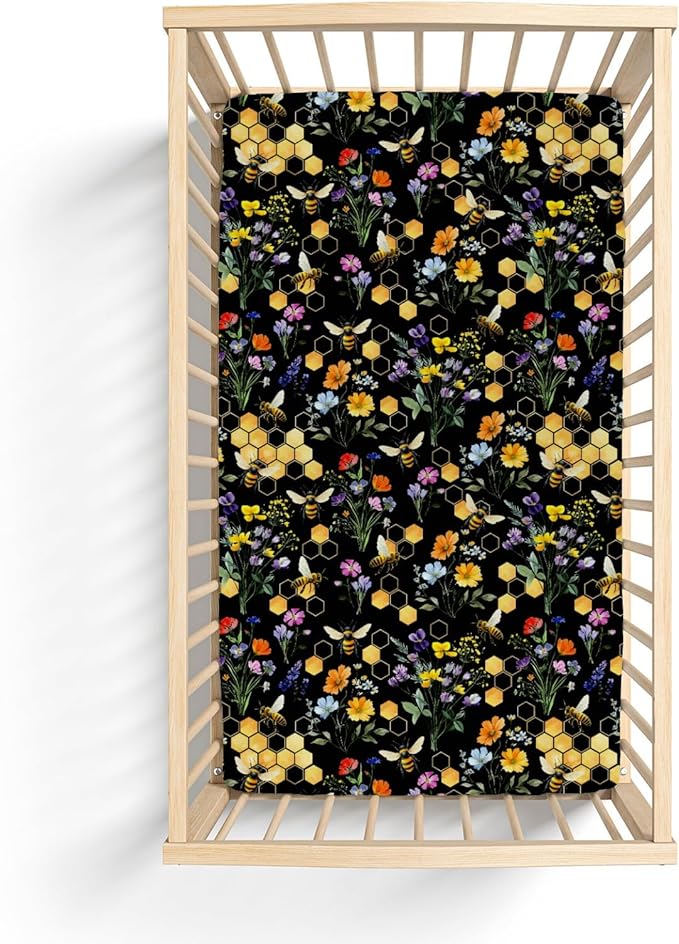 Boho Wildflower Bees Honeycomb Baby Crib Sheets for Boy Girl 52x28Inch Watercolor Honeybee Floral Soft Snug Fitted Crib Mattress Cover Summer Baby Sheet for Standard Crib and Toddler Bed Mattress