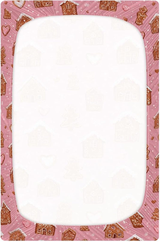 Christmas Gingerbreads Pinks Cute Crib Sheets Soft Breathable Fitted Baby Crib Sheets Mattress Cover for Girls Boys, 52" x 28" x 9"
