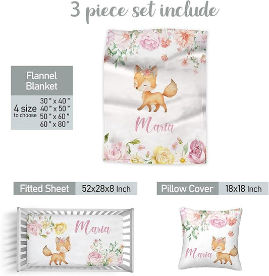 Personalized Fox Baby Crib Bedding Set for Girls – Custom Name 3-Piece Nursery Bedding with Blanket, Fitted Crib Sheet & Pillowcase – Soft Baby Bedding for Newborn Infant Toddler