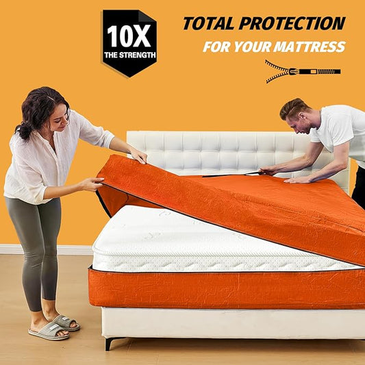 Mattress Bags for Moving, BETU Mattress Protector Waterproof Mattress Cover Queen Size Storage Bags with 8 Heavy-Duty Handles and Zipper for Bed Extra Thick Large Reusable (82"x62"x15" Orange)