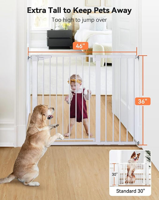 COMOMY 36" Extra Tall Baby Gate for Stairs Doorways, Fits Openings 29.5" to 46" Wide, Auto Close Extra Wide Dog Gate for House, Pressure Mounted Easy Walk Through Pet Gate with Door, White