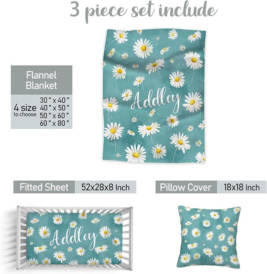 Personalized Daisy Crib Bedding Set for Girls – Custom Name 3-Piece Nursery Bedding with Blanket, Fitted Crib Sheet & Pillowcase – Soft Baby Bedding for Newborn Infant Toddler