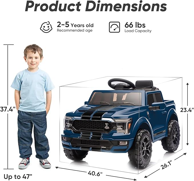 Licensed Ford Shelby F-150 Kids Ride on Car Truck, 12V Toddler Electric Car for Kids Ages 3-6 with Remote Control - Blue