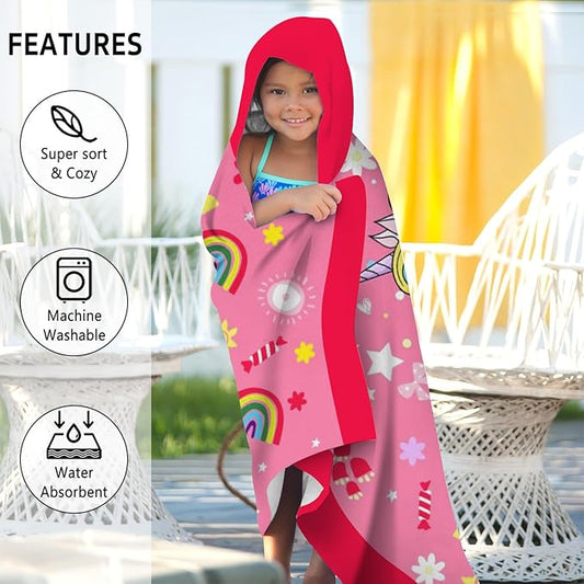 Thickened Hooded Towels for Kids Suitable Girls Boys Kids Bath Towels, 30"x50" Super Absorbent, Unicorn Cute Cartoon Toddler Towels Multi-Purpose for Beach, Pool and Bathroom