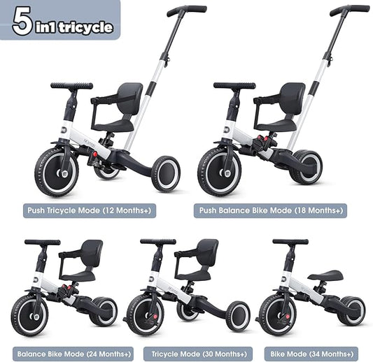 newyoo Toddler Bike, 4 in 1 Tricycles for 1,2,3 Year Olds, Balance Bike, Birthday Gift and Toy for Boys and Girls, Kids Tricycle with Parent Steering Push Handle, Removable Pedals, White, TR007