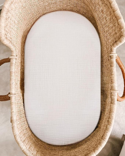 Bassinet Sheet for Baby Boy and Girl, Fitted Sheets for Rectangle, Oval, Hourglass Bassinet Mattress, Muslin Moses Basket Sheets with Neutral Style (White)