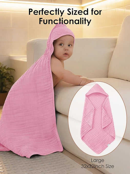 Muslin Hooded Baby Bath Towels - 3 Pack 100% Cotton Ultra-Soft Towels for Newborns, Infants, Toddlers - 32x32 Inch - Highly Absorbent, Quick-Dry Essentials for Bath Time, Beach, Pool, Sakura Series