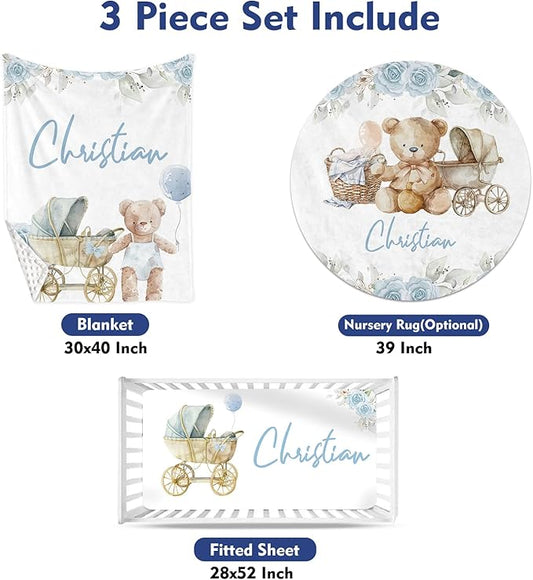 Custom Baby Crib Bedding Set, Personalized Name Bear Doll Theme Crib Set 3 Pcs, Soft Double Layer Blanket, Crib Sheet & Room Rug, Ideal Nursery Decor Gift for Baby Girls Boys