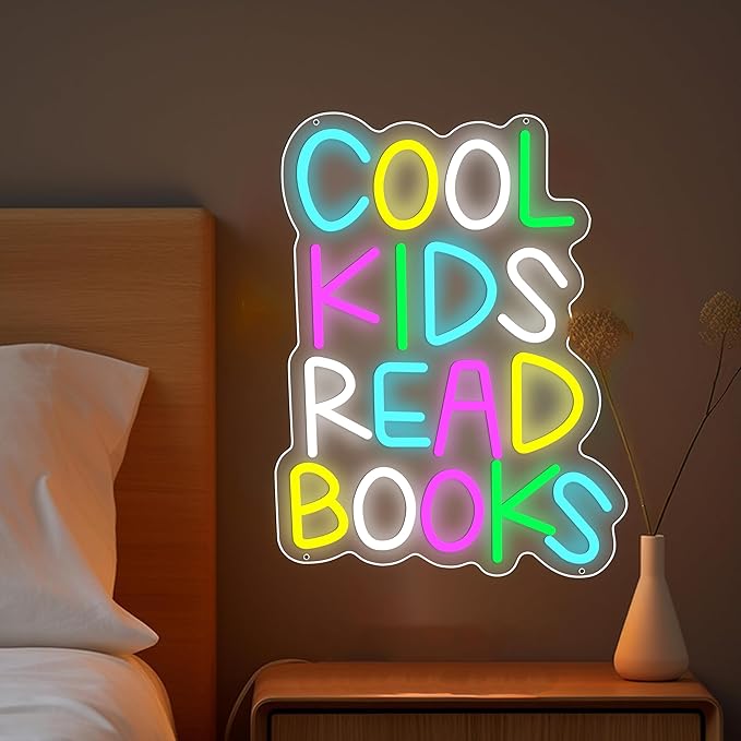 Enuoli Cool Kids Read Books Neon Sign Wall Decor Letter LED Neon Lights Light Up Signs For Kids' Room Dimmable Positive Affirmation LED Neon Light Sign Home Library Wall Art Decor