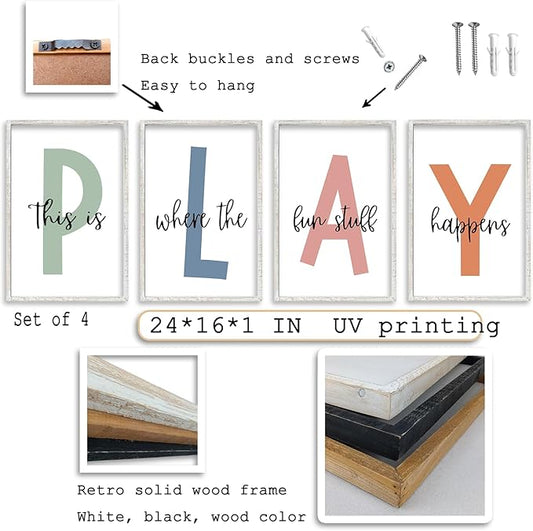 This Is Where The Fun Stuff Happens Kids Playroom Wall Art Decor 16x24 Inch Set Of 4 Rustic Kids Wood Framed Sign Toddler Modren Nursery Interesting Let's Play Prints Wall Hanging (White)