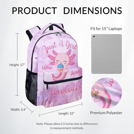 COZYAURA Kids School Backpack - 17 Inch Cute Axolotl Bookbag for Girls - Durable Pink School Bag for Elementary & Travel