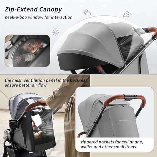 Tinyiota Stroller for Babies,Toddler Strollers with Large UPF 50+ Canopy,Luxury Baby Stroller with Leather Handle & Spacious Seat, One-Hand Foldable Pushchair,Baby Carriage with Lie-Flat Mode(Gray)