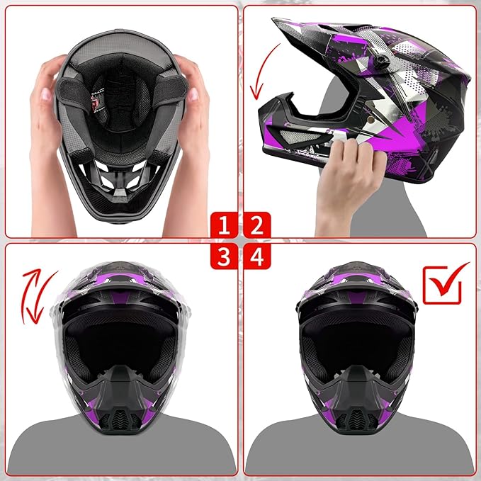 Youth Kids Motocross Helmet, Adult ATV Dirt Bike Helmet with Goggles Gloves & Mask Quick, Full Face Motorcycle Helmet with Quick Release Buckle DOT Certified