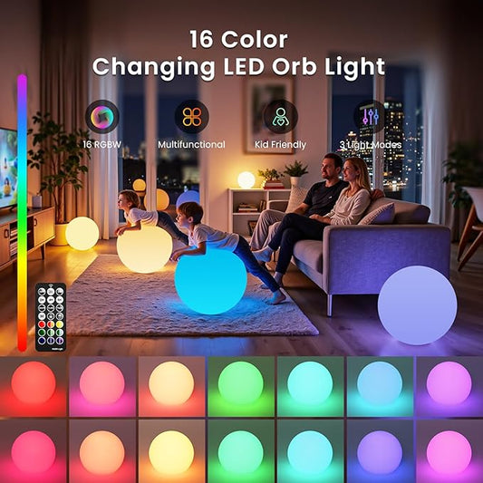 LOFTEK 20-inch LED Large Dimmable Light Ball: RGB 16 Color Changing Glow Ball with Remote Control, Waterproof Floating Pool Lights, Rechargeable for Nursery, Pool, Garden Decor