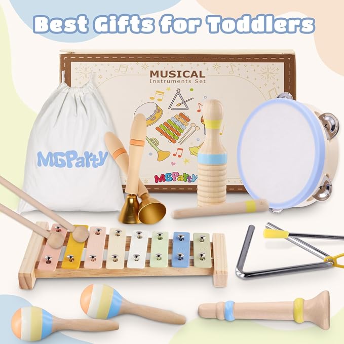Montessori Wooden Musical Instruments for Toddlers 1-3, Baby Music Toy Set with Xylophone, Tambourine, Triangle, Clarinet, Maracas, Natural Sensory Educational Toys for Boys and Girls