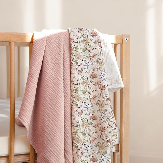 lulumoon Muslin Swaddle Blankets for Baby: Soft Cotton Newborn Receiving Blankets - Floral Print Nursery Gift Set for Baby Girls(Sand Flower)