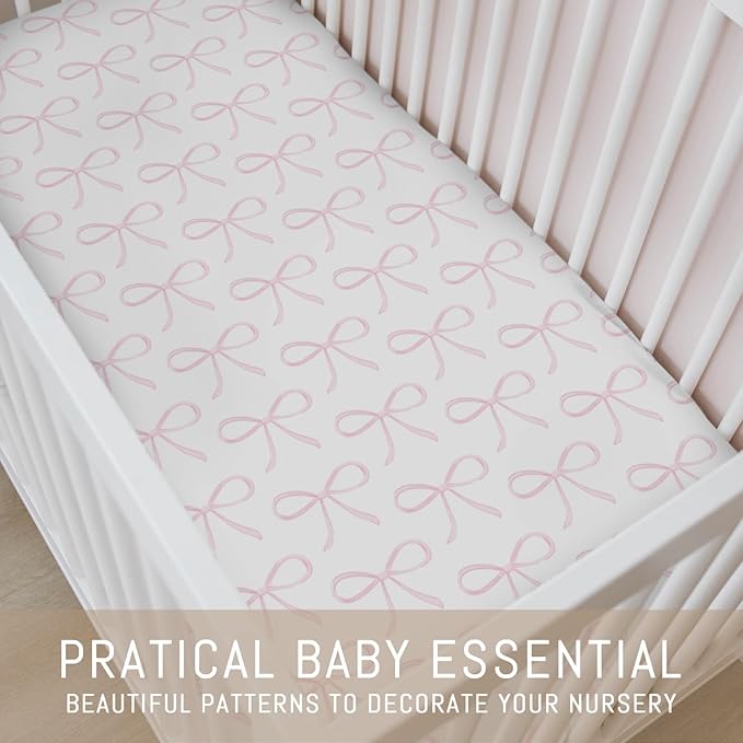 Sweet Pink Bows Baby Crib Sheets for Girls Pastel Pink Bows Soft Snug Fitted Crib Mattress Covers for 52''x28'' Standard Crib & Toddler Mattress Valentine's Girly Ribbons Nursery Baby Bed Sheets