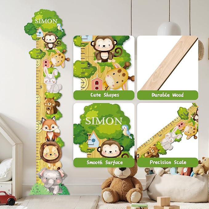 Woodemon Personalized Name Growth Chart for Wall, Forest Animal Stack Wooden Height Chart, Boy Girls Height Chart Growth Measuring Ruler, Christmas Birthday Gift for Boys and Girls