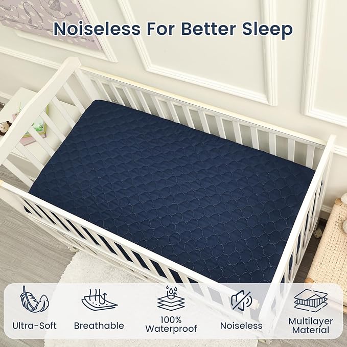 david's kids 2 Pack 52''x28'' Waterproof Crib Mattress Protector Pad Cover Stretch up to 8", Fitted Standard Crib and Toddler Mattresses, Soft and Breathable for Boys Girls, Navy Blue & Sage Green