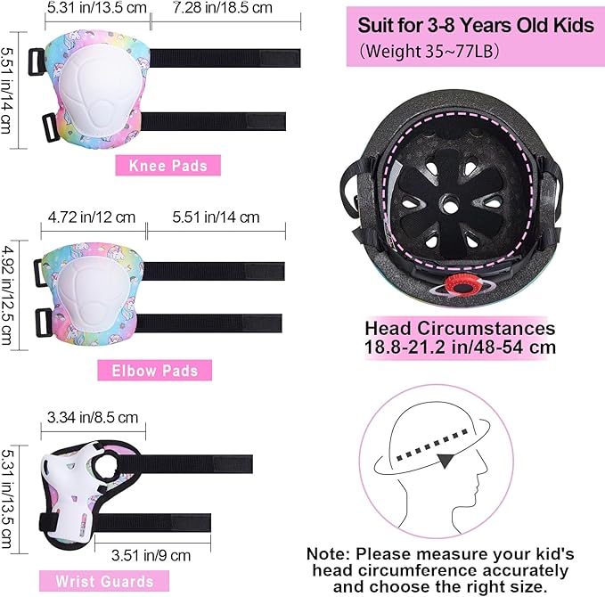FIODAY Kids Helmet Knee Pads for Kids Unicorn Knee and Elbow Pads Wrist Guards Adjustable Protective Gear Set for Girls Boys Sports Skateboard Inline Skating Scooter