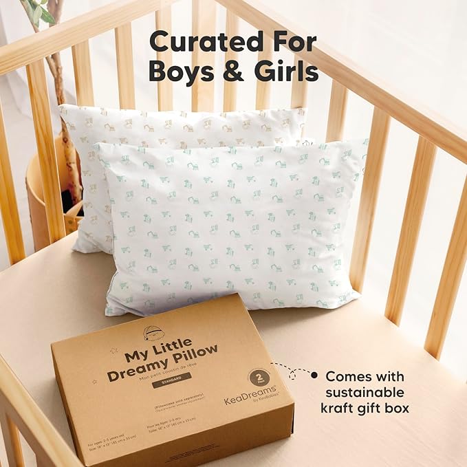 KeaBabies 2-Pack Toddler Pillow 13x18 - Soft Organic Cotton Kids Travel Bed Pillows for Sleeping, School, Nap, Machine Washable, Toddlers 2 to 5, Pillowcase Sold Separately (Excavator)