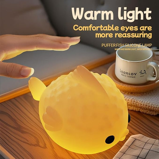 DNBFLLK White Pufferfish Night Light - Silicone Touch Sensor Lamp for Nursery, 3 Adjustable Brightness, USB-C Rechargeable Baby-Safe Bedside Light, Modern Kids Room Decor & Toddler Sleep Aid