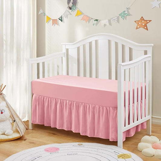 SiinvdaBZX 2-Piece Set Ruffled Crib Skirt & Soft Microfiber Fitted Crib Sheet, 52"x28" + Adjustable Elastic 14" Drop, Fit for Baby Standard Crib & Nursery Toddler Bedding (Blush Pink)