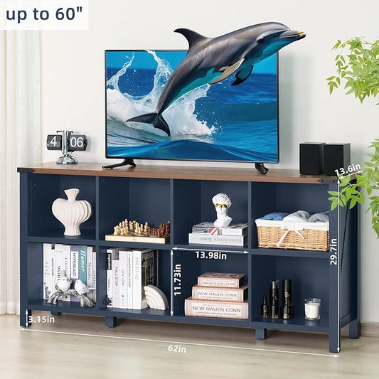 Joaxswe 8 Cube Book Shelf, Farmhouse Wood Long Storage Organizer Bookcase, 62" Horizontal Navy Blue Console Closet Bookshelf, Hallway TV Stand for Entryway, Display Cabinet Book Case for Living Room