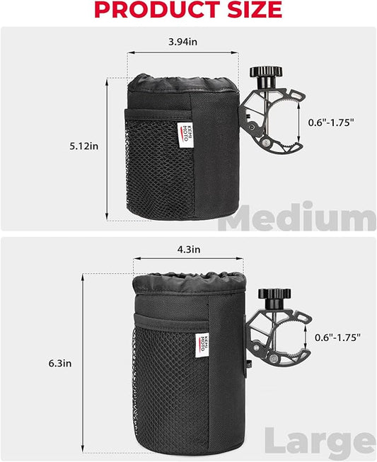 KEMIMOTO Motorcycle Cup Holder, Oxford Fabric Motorcycle Drink Holder with 0.6"-1.5" Alligator Clamp, Universal Water Bottle Cup Accessories for Bike, ATV/UTV, Scooter, Boat, Walker, Black L