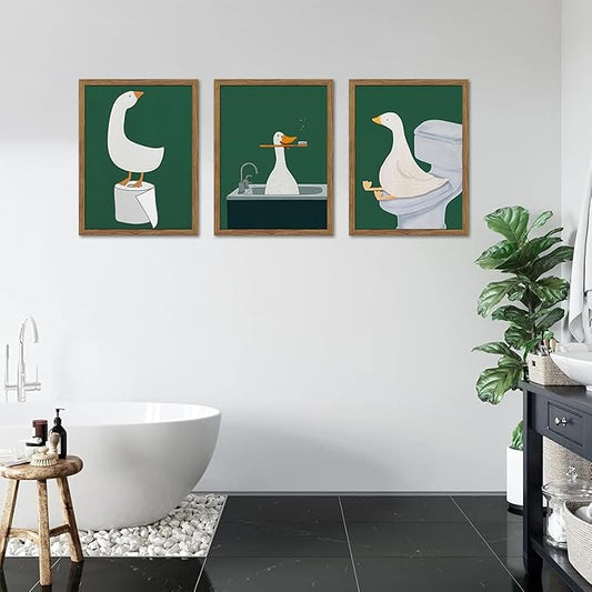 Framed Silly Goose Wall Art Bathroom Art Wall Decor Set of 3, Funny Gooses Poster Print, Dark Green Nursery Decor, Cute Animal Pictures Canvas for Kids Bathroom Washroom – 12x16 inch