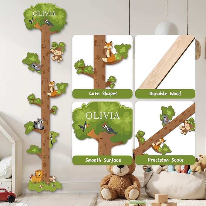 Woodemon Wooden Surfboard Wall Decor Growth Chart,Tree Art Decor for Kids Room, Wood Tree Kids Sizing Chart, Height Board Cute Decor, Nursery Growth Chart Ruler Measuring Board for Boys Girls