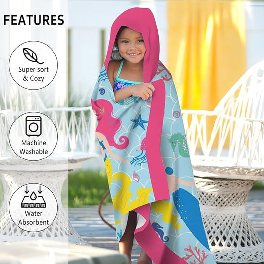 Thickened Hooded Towels for Kids Suitable Girls Boys Kids Bath Towels, 30"x50" Super Absorbent, Mermaid Cute Cartoon Toddler Towels Multi-Purpose for Beach, Pool and Bathroom