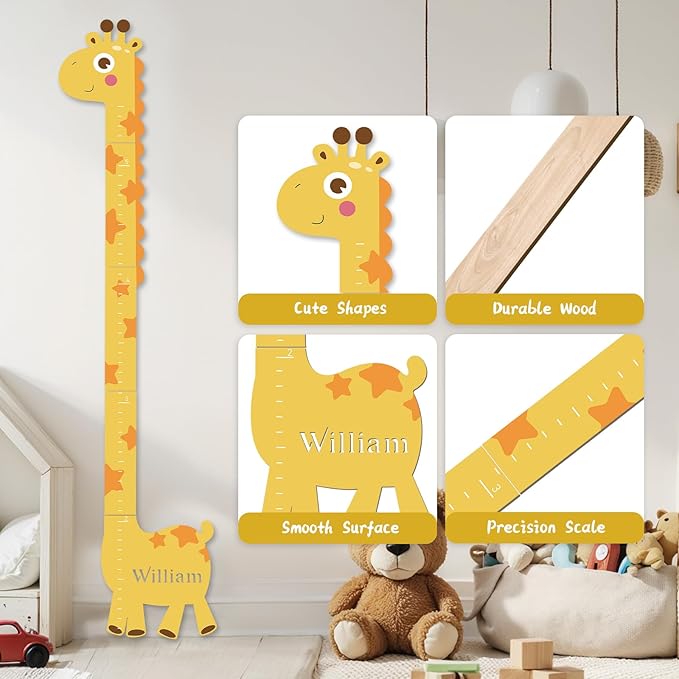 Woodemon Personalized Name Growth Chart for Kids, Giraffe Height Chart for Boy Girls, Measuring Board for Kids Height, Patchwork Wooden Height Chart Measuring Board, Nursery Growth Chart Ruler