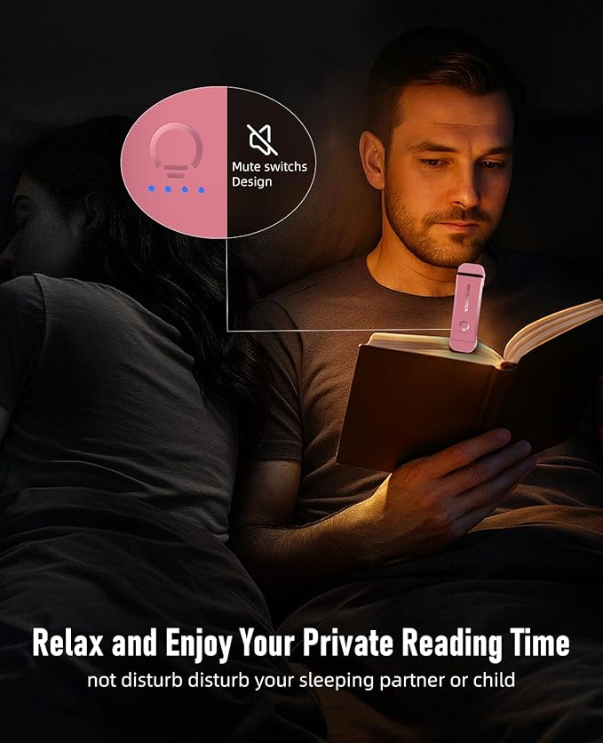 Book Reading Light,2 Pack Silent Touch Books Lamp for Reading in Bed,Rechargeable Clip on Booklight with 3 Amber Color & 7 LEDs Precise Dimming for Night Reading for Book Lovers,Kid,Pink+Purple