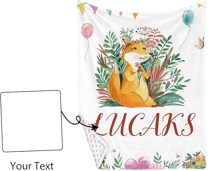 Custom Name Crib Bedding Set, Personalized Fox Baby Bedding 5-Piece Set with Soft Blanket Fitted Sheet Changing Pad Cover Rug and Wall Art, Cute Forest Animal Nursery Decor for Newborn Boys Girls