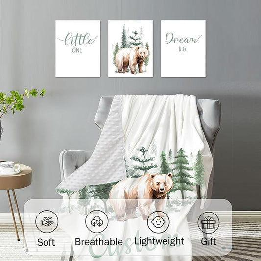 Personalized Baby Crib Bedding Set, 5-Piece Brown Bear Design Baby Crib Sets with Custom Name, Toddler Double Layer Blanket Fitted Sheets Changing Pad Cover Rug Wall Art Set, Charming Nursery Decor