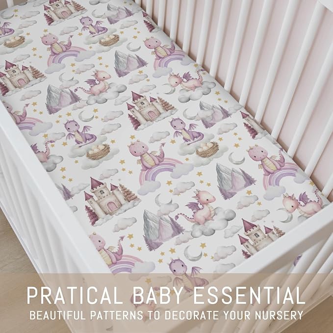 Pink Baby Dragons Crib Sheets for Boy Girl Fairytale Dragon Castle Trees Moon Rainbow Soft Stretchy Fitted Crib Mattress Cover for 52''x28'' Standard Crib & Toddler Mattress Fantasy Animal Bed Sheet