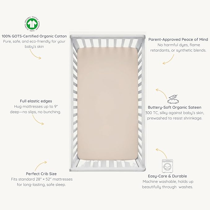 Makemake Organics GOTS Certified Organic Cotton Fitted Crib Sheet Soft Breathable (28"x52", Taupe)
