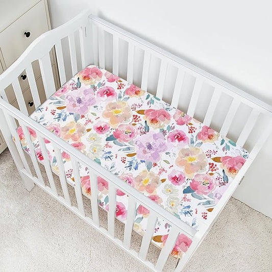 AMROSE 3 Pack Soft Mini Crib Sheets, Microfiber Pack N Play Sheets Set for Baby Girls, Silk Touch Gentle, Fitted for Playard Portable Mini Crib Mattress, Happy Garden