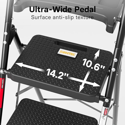 BONTEC 4-Step Ladder, 400lbs Max Load, Folding Step Stool with Tool Tray, Anti-Slip Pedals, Sturdy Steel, Lightweight Portable Ladder with Handrail for Home & Work Use, Black