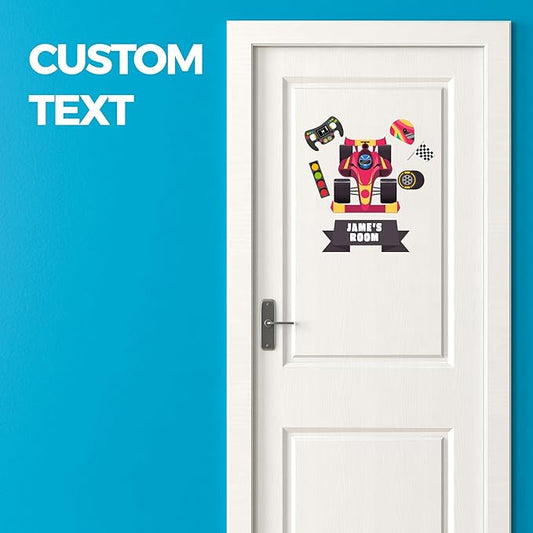 EGD Custom Race Car Door Decal with Name | Door Decals for Bedroom or Nursery | Personalized Vinyl Wall Decal for Kids Room | Fun Speedy Theme Wall Stickers for Boys (C. Race Car)