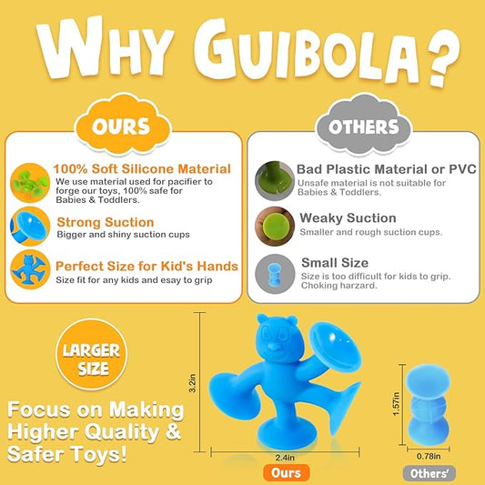 Suction Cup Toys for Toddlers 1-3, Guibola 6 PCS | No Hole Bath Toy for Baby Kids, Silicone | Suction Bath Toys | Sensory Window Building Toys for Boys Girls - Larger Size