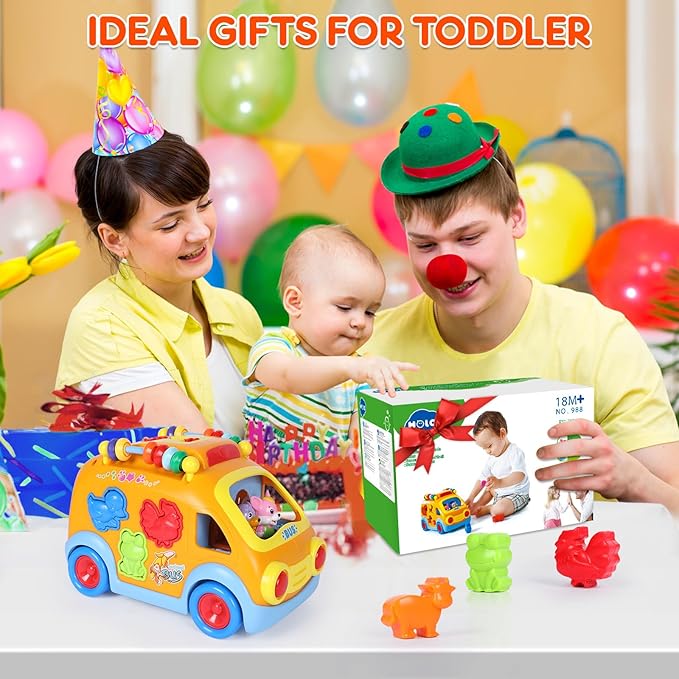 Toy Cars for 2 Year Old Boy Toys, Baby Boy Gifts, Musical Learning Crawling Toys for Toddlers 2-3, Educational Baby Bus with Animal Blocks, Christmas Birthday Gift for 2 3 4 Year Old Boys Girls Kids