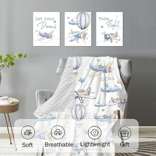 Personalized Baby Crib Bedding Set for Baby Boys Girls, Toy Airplane Pattern Custom Name Baby Crib Sets 5-Pcs, Toddler Double Layer Blanket Fitted Sheets Changing Pad Cover Rug Wall Art Set
